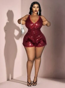 Slaydiva Plus Size Women Holiday Solid Color Sequin Decorated Romper,Valentine's Day