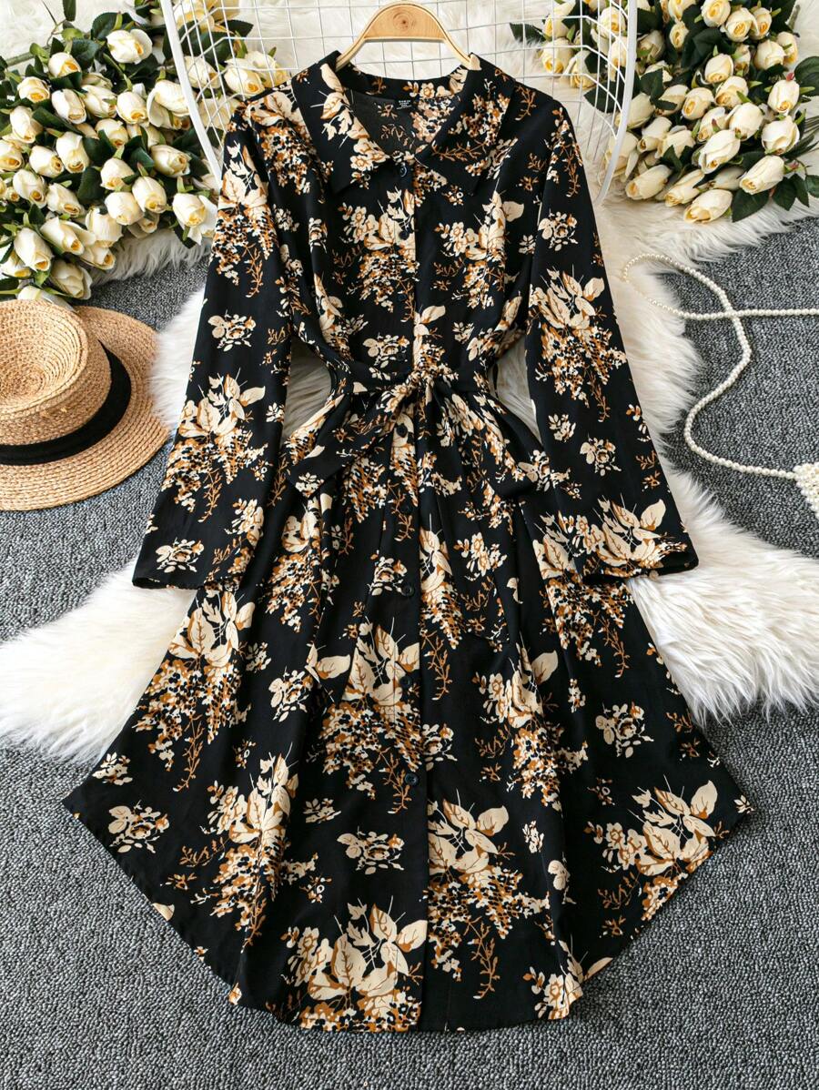 SHEIN Clasi 大码女式长袖花卉印花腰纽扣中长连衣裙