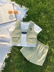 3pcs Baby Boy Outfit Set: Soft Knit Green Letter Graphic Short Sleeve Raglan Pullover, Cargo Pocket Sleeveless Vest, And Elastic Waist Shorts, Summer Sporty Streetwear Suitable For Casual Outings - Green - View 3