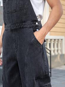 Manfinity Homme Pantalones de peto vaqueros holgados de pierna ancha con bolsillos cargo, casuales para hombres - Negro - Ver 7