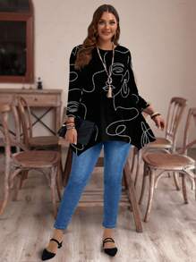 EMERY ROSE Camiseta de manga larga de corte holgado con estampado gráfico de línea facial minimalista casual, adecuada para tallas grandes en otoño/invierno - Multicolor - Ver 3