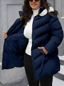 SHEIN LUNE Plus Size Solid Color Fashionable Drawstring New Year Hooded Fuzzy Thicken Quilted Puffer Jacket Mid-Length Padded Padded Coat Clothes Winter For Women