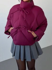 Aloruh Women's Solid Color Front Tie Long Sleeve Pocket Casual Winter Jacket - Burgundy - View 5