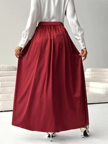 SHEIN Clasi 女士纯色褶皱开衩简约 A 字裙，休闲日常穿着 - 酒紅色 - 查看 2
