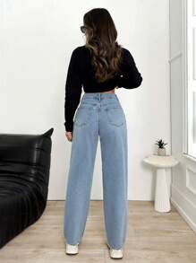 EURMUSE High Waist Wash Detailed Straight Jean - Light Wash - View 2