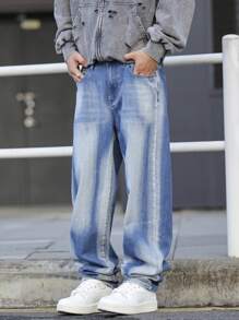 Claim Dot Plus Size Men's Pocketed Wide Leg Loose Casual Denim Jeans - Blue - View 4