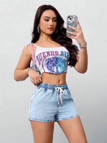 SHEIN Tall 女士松紧腰身牛仔短裤，蓝色 - 淺色水洗藍 - 查看 6