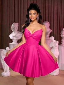 Lovelzi 优雅华丽的蝴蝶结荷叶边露背连衣裙，适合返校节、婚礼、社交活动、派对、节日、舞会、婚礼宾客礼服 - 玫紅色 - 查看 5