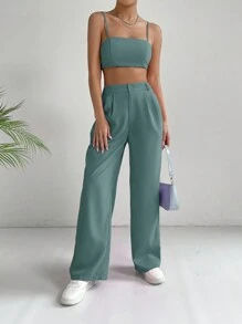 Muchica Commuting Style Pink Solid Crop Cami Top & Wide Leg Pants - Teal Blue - View 6