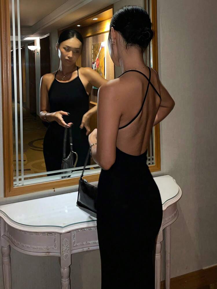 Women Elastic Solid Black Elegant Prom Formal Dress, Backless Midi Vacation Party Beach Dress, Spring/Summer Elegant Sundress,Dress For Wedding Cocktail Dress
