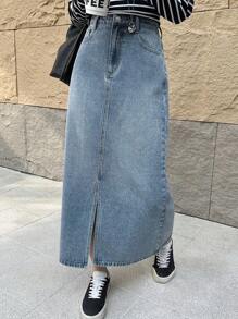 DAZY 1pc Women's Simple Denim Casual Skirt With Side Pockets, Daily Wear
