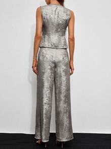 SHEIN Clasi Asymmetrische metalen stoffen damesvest en broekpakset met knoopsluiting