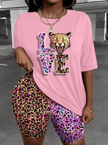 Maweii 2 piezas Conjunto de pantalones cortos de mujer de talla grande con estampado de leopardo con corazón con forma de garra "LOVE" y letra tigre