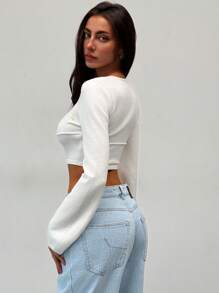 Aloruh Square Neck Long Sleeve Embroidered Beige Crop Flare Sleeve Women Sweater