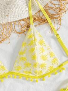 SHEIN Swim 女士黄色特殊针织椰子棕榈图案可爱 Pom Pom 点缀比基尼泳装套装，适合夏季海滩度假 - 黃色 - 查看 5