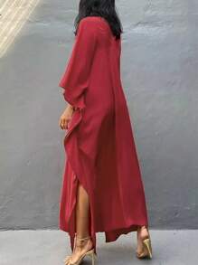 Vacation Style Loose V-Neck Flared Long Sleeved Hem Slit Dress - Red - View 2