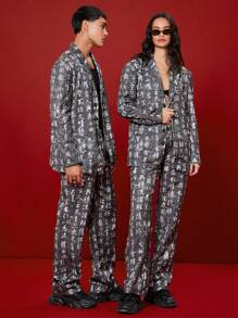 Manfinity VCAY 2pcs Unisex Casual Woven Fabric Chinese Character Print Fitted Shoulder Padded Cotton Blazer Jacket & Elastic Waist Dress Pants Suit For Chinese New Year - Black - View 6