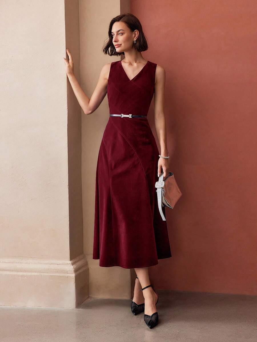 MOTF PREMIUM V-NECK FLARE HEM LONG DRESS WITHOUT BELT - Red - View 1
