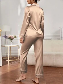 女士翻领衬衫和裤子睡衣套装（2件套），秋冬服装 - 香檳色 - 查看 2