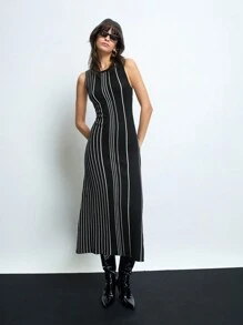 Maija 女士新年时尚百搭撞色条纹无袖套头针织连衣裙情人节、节日 - 黑色 - 查看 5