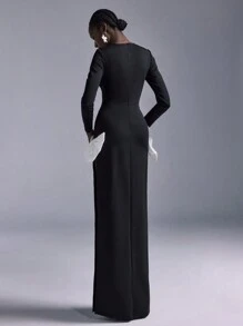 Elitara 简约黑色蝴蝶结高开衩修身长裙，适合参加晚会、正式晚宴、礼服、婚礼宾客礼服 - 黑色 - 查看 4