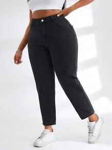 SHEIN ICON 大碼高腰媽媽牛仔褲 - 黑色 - 查看 3