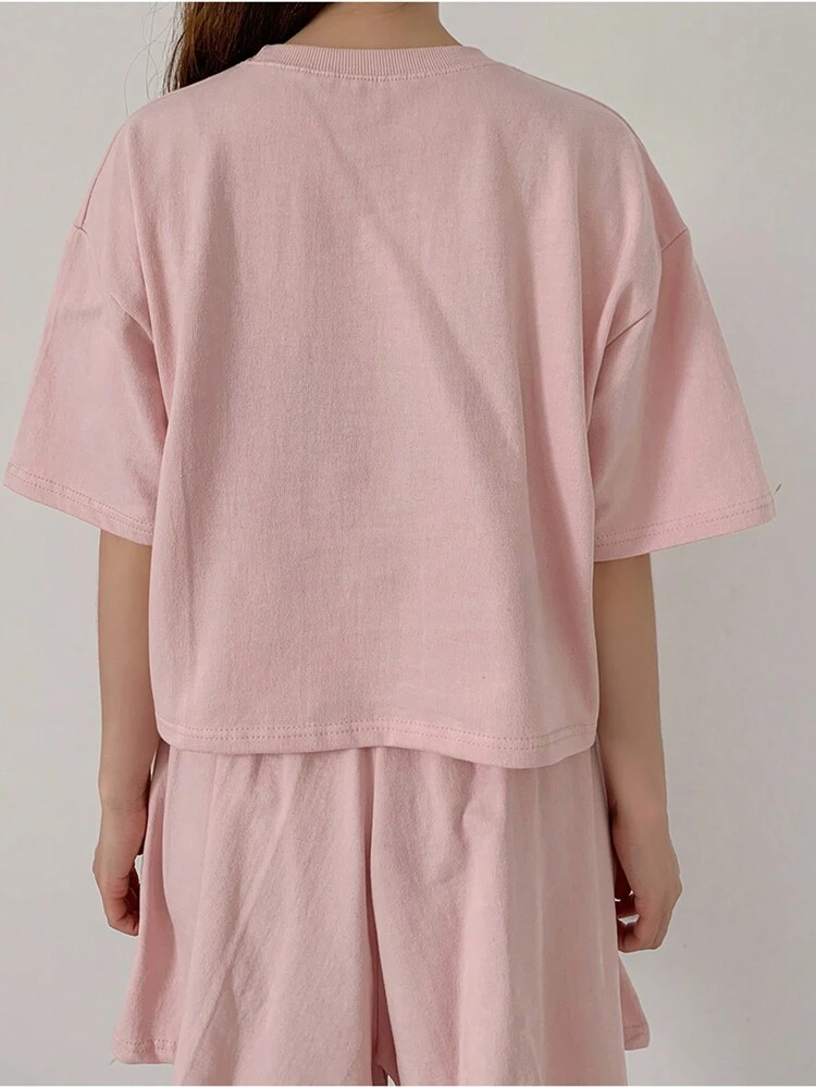 2pcs Women Bow Print Loose Blouse And Pants Set, Pink, Spring/Summer
