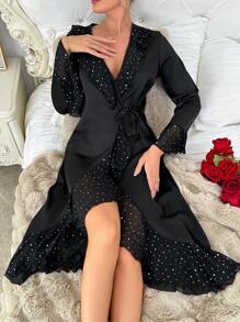 Women's Polka Dot Ruffle Flared Sleeve Elegant Sleepwear Robe - Black - View 4