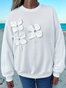 SHEIN Teen Girls' White Solid Knitted Rhinestone 3D Flower Casual Crew Neck Long Sleeve Sweatshirt - White - View 1