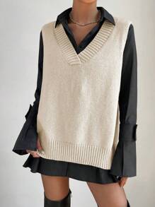 Zielony 1pc Split Hem Sweater Vest - Apricot - View 6