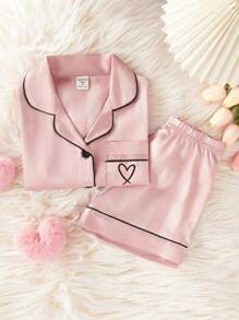 Conjunto informal de 2 piezas de blusa de manga corta con rayas de sandía y rosa, y shorts para niña, sencillo y fashionable