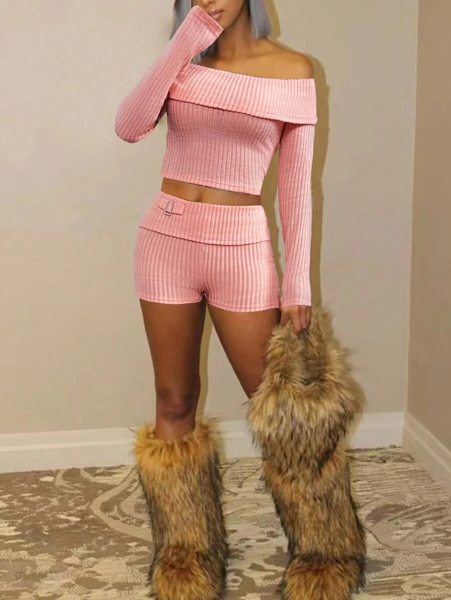 SHEIN EZwear 2pcs/Set Women Off-Shoulder Rib-Knit Thermal Lined Short Jumpsuit Fall Cloth For Women - Pink - View 1