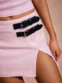Poéselle Sequin Bodycon Skirt With Slit Hem, Mini Skirt For Women,Pink Skirt For Holiday Party Wear Or Going Out - Pink - View 2
