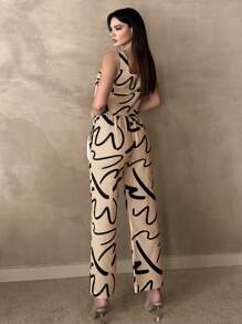 SHEIN Frenchy 2pcs/Set Women's Casual Line Pattern Square Neck Camisole Top And Pants Set Brown Summer - Khaki - View 2