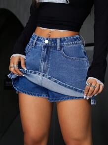 SHEIN Tall Mid-Waist Women's Loose Casual Denim Skort With Pockets - Medium Wash - View 3