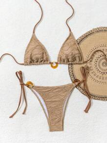 SHEIN Swim Summer Textured Solid Color Amber Circular Ring Halter Backless Spaghetti Strap Bikini Set - Khaki - View 3