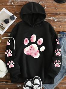 Flirla Plus Size "My Shadow Has Four Legs And A Tall" Letter Print And Paw Print Warm Chunky Hooded Sweatshirt Graduation,Back To School,Graduation,Teacher For Women,Back To School Pullover Fall Winter Autumn - Black - View 3