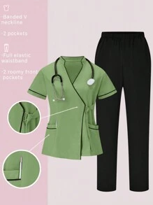 SHEIN TaskFit Set uniforme de 2 piezas con blusa de manga corta con ribete en contraste y pantalón de unicolor, conjunto de uniformes - Verde - Ver 1
