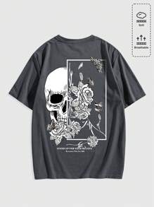 ROMWE MEN Goth 男士圆领短袖骷髅印花休闲 T 恤 - 灰色 - 查看 4