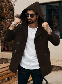 Manfinity Homme 男士冬季纯色双排扣连帽羊毛混纺大衣，男友礼物，秋季男装，灰色大衣 - 咖啡棕 - 查看 4