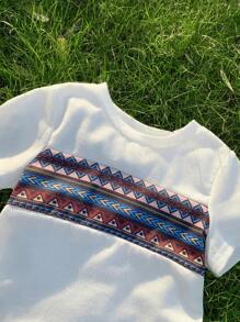 SHEIN 4pcs/Set Baby Boy/Girl Summer Retro Print Knit Soft Round Neck Short Sleeve Top, Elastic Waist Shorts, Solid Color Vest, Hat