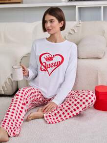 RueChic 2pcs Valentine's Day Couple Contrast Colour Queen Printed With Plaid Pattern Bottom Homewear Set - Red and White - View 6