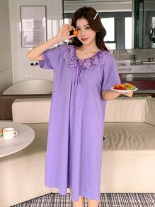DAZY Femei culoare solidă mânecă scurtă casual lejer guler cu volane rochie de somn pijama