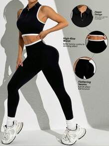 Seamluxe SHEIN Sport Conjunto deportivo para mujeres de top sin mangas con cierre delantero de unicolor y pantalones largos - Conjunto deportivo para mujeres - Conjunto de mallas para mujeres