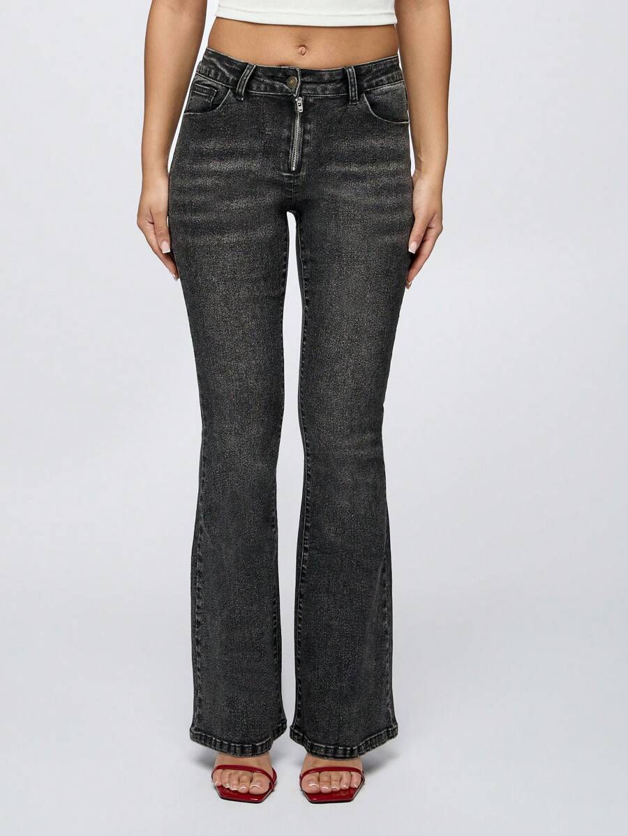 SUMWON WOMEN Designer Wide Leg Flared Jeans Y2K Style High Rise Bell Bottom Denim 90s Retro Vintage Wash Pants With Front Zip Casual Street Fashion - Black - View 1