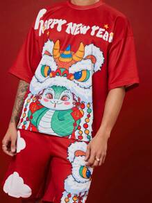 Manfinity Unisex 2pcs/Set Streetwear Relaxed Dropped Shoulder Crew Neck Short Sleeve T-Shirt And Straight Leg Mid-Waist Shorts, Happy New Year Blessing And Lion Design Print For Chinese New Year