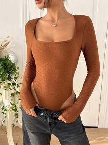 Muchica 1 件女式纯色纹理方领长袖紧身衣