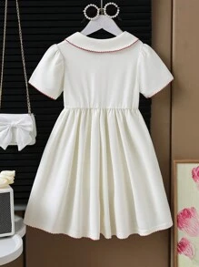 Ramadan Girls' Cute Sweet Strawberry Decor Collared Short Sleeve Waisted Comfort Dress, Fashionable Summer - Apricot - View 2