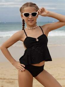 SHEIN Tween Girls Solid Color Hollow Tiered Ruffle Tankini Swimwear Set