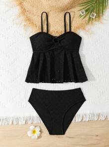 SHEIN Tween Girls Solid Color Hollow Tiered Ruffle Tankini Swimwear Set